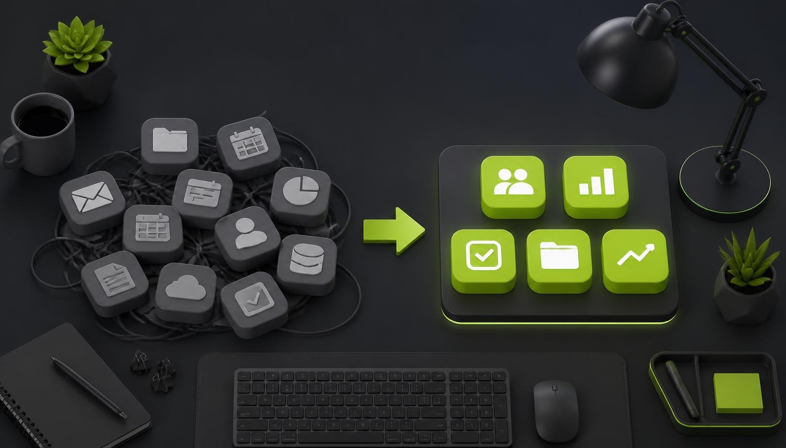 Five glowing app tiles replacing a messy pile of eleven faded tool icons on a desk