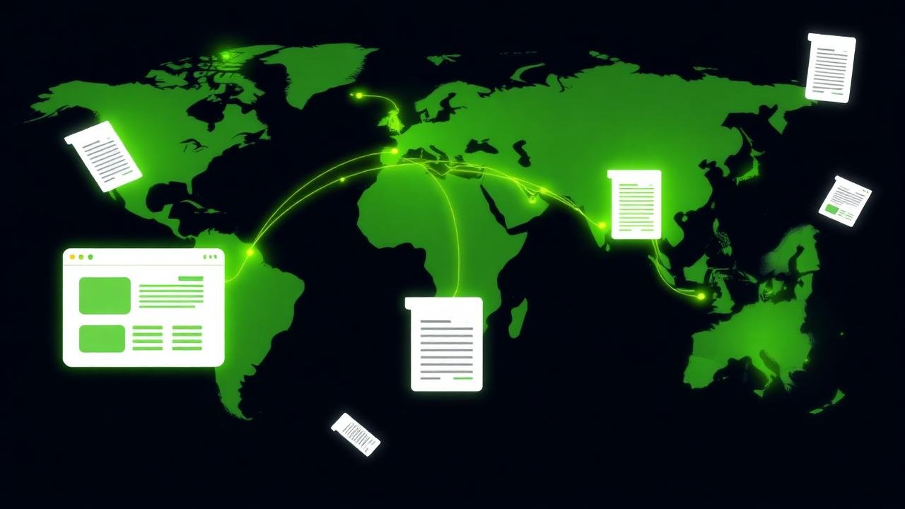 Illustration of a world map with glowing connection lines between India and Western markets, alongside browser windows and contract documents